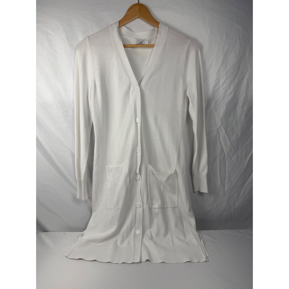 Cielo Size S White Long Cardigan V Neck Button Front Pockets